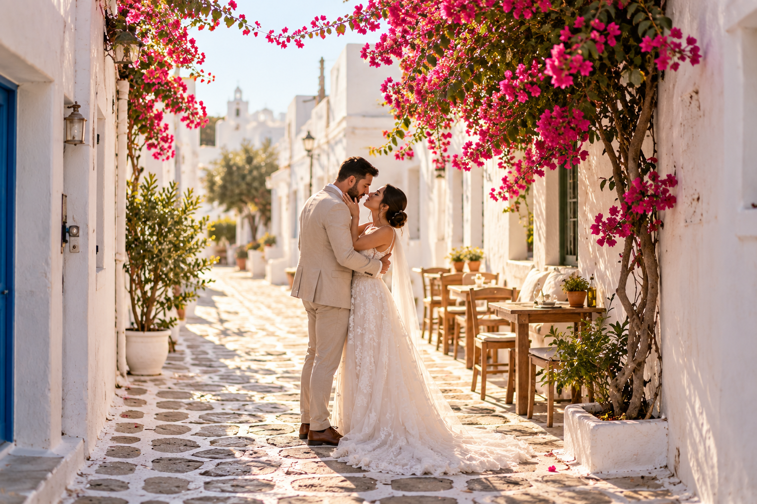 Bride and groom in a whitewashed street during their wedding in Paros